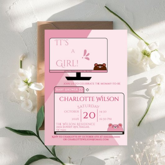 Invitation C'est une fille ! Ours mignon Écran d'ordinateur B