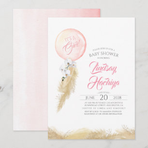 Invitation C'est une fille Pampas Baby shower rose en laiton