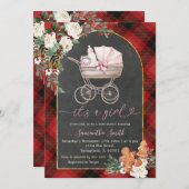Invitation C'est une fille Porte bébé Rouge Noir Plaid Douche (Devant / Derrière)