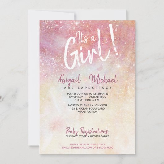 Invitation C'est une fille rose aquarelle Baby shower de pein (Devant)