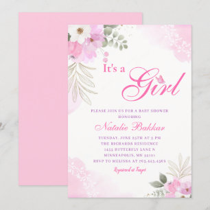 Invitation C'Est Une Fille Rose Aquarelle Floral Baby Girl Do