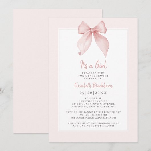 Invitation C'est une fille rose Baby shower de la mâchoire Co (Devant / Derrière)
