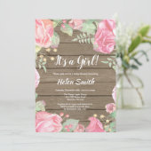 Invitation C'est une fille rose Baby shower Floral Bois rusti (Debout devant)