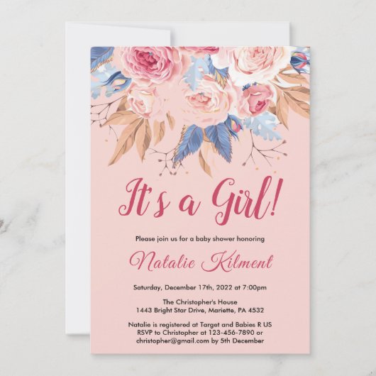 Invitation C'est une fille rose botanique Baby shower floral (Devant)