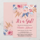 Invitation C'est une fille rose botanique Baby shower floral (Devant / Derrière)