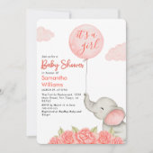 Invitation C'Est Une Fille Rose Floral Elephant Baby shower (Devant)