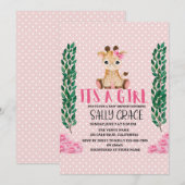 Invitation C'Est Une Fille, Rose, Girafe, Baby shower (Devant / Derrière)