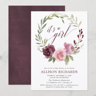 Invitation C'est une fille rougissent baby shower floral rose