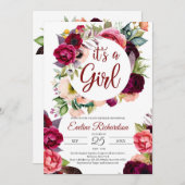 Invitation C'est une fille rousse bordeaux et marron fleuri b (Devant / Derrière)