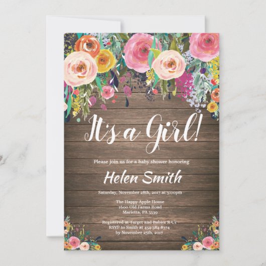 Invitation C'est une fille Rustique Baby shower Floral Invita (Devant)