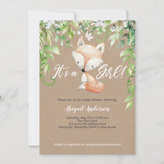 Invitation C'est une fille, Rustique, Bois, Verdure, Baby sho (Devant)