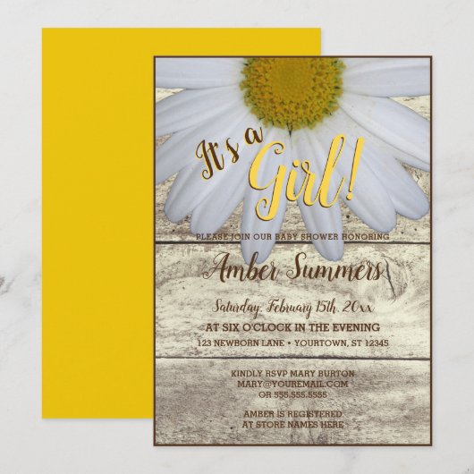 Invitation C'est une fille Rustique Floral Daisy Baby shower  (Devant / Derrière)