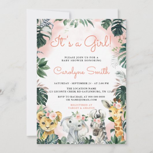 Invitation C'est une fille Safari Animaux Baby shower Invitat (Devant)