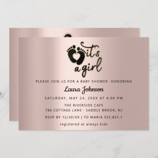 Invitation C'est une fille Script Baby shower Pieds Rose noir (Devant / Derrière)