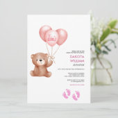 Invitation C'Est Une Fille Teddy Bear Balloon Baby shower (Debout devant)
