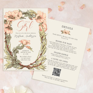 Invitation C'est une fille tout en un Baby shower rose roses