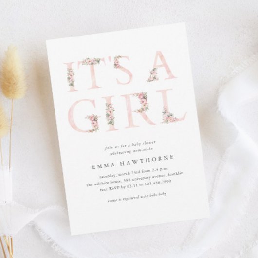 Invitation C'est une fille typographie florale Baby shower ro