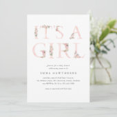 Invitation C'est une fille typographie florale Baby shower ro (Debout devant)