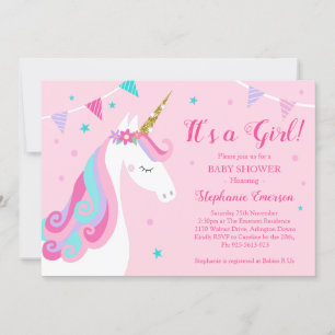 Invitation C'est une fille Unicorn Baby shower rose