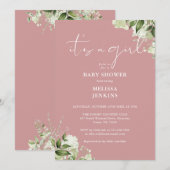 Invitation C'Est Une Fille Verdoyante Dusty Baby shower Rose (Devant / Derrière)