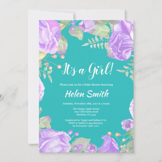 Invitation C'est une fille violet Baby shower Floral Turquois (Devant)