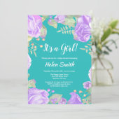 Invitation C'est une fille violet Baby shower Floral Turquois (Debout devant)