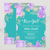 Invitation C'est une fille violet Baby shower Floral Turquois (Devant / Derrière)