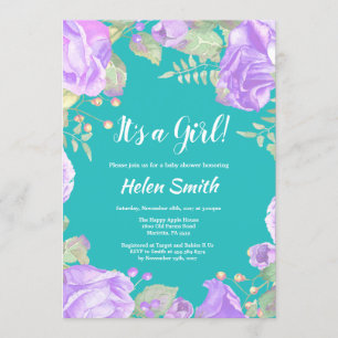 Invitation C'est une fille violet Baby shower Floral Turquois