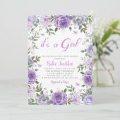 Invitation C'Est Une Fille Violet Baby shower papillon Floral (Debout devant)