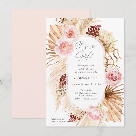 Invitation C'est une jeune fille boho arche fleurie moderne a (Devant / Derrière)