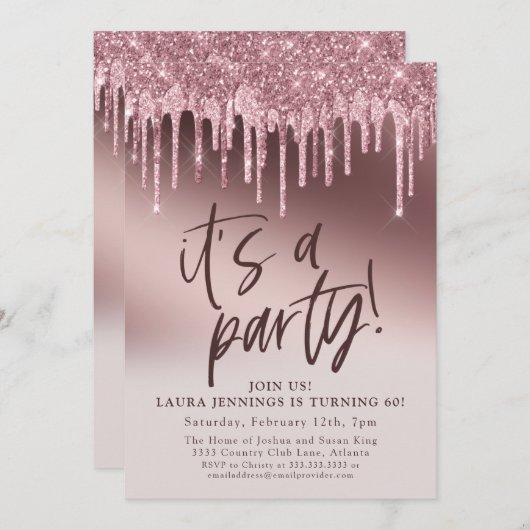 Invitation C'est une Parties scintillant rose fête 60e annive (Devant / Derrière)