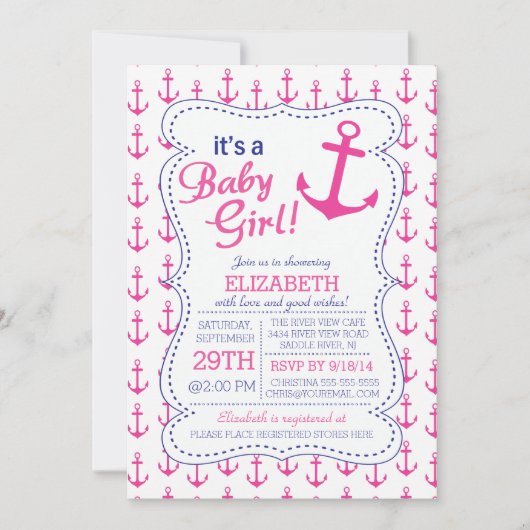 Invitation C'est une petite fille Ancre Baby shower nautique (Devant)