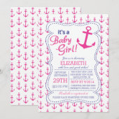 Invitation C'est une petite fille Ancre Baby shower nautique (Devant / Derrière)