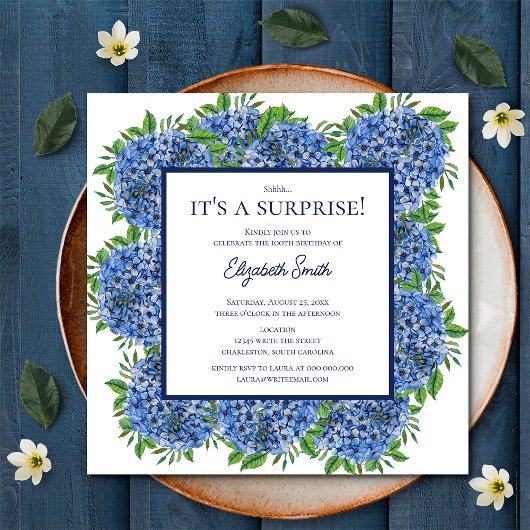 Invitation C'est une surprise 100e fête d'anniversaire Blue H