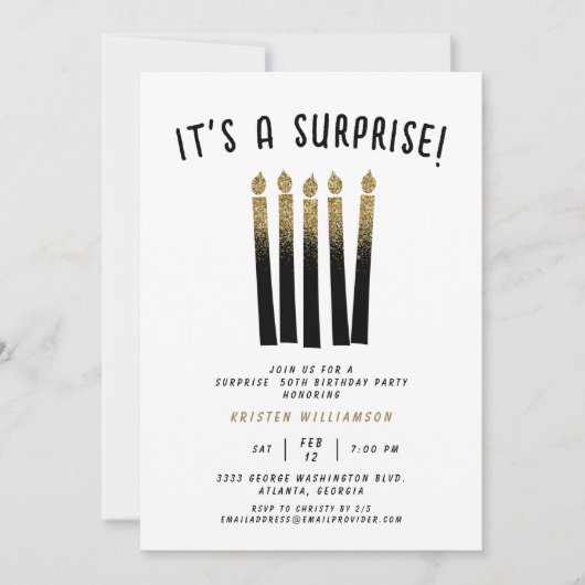 Invitation C'est une surprise Anniversaire Black Gold Parties (Devant)