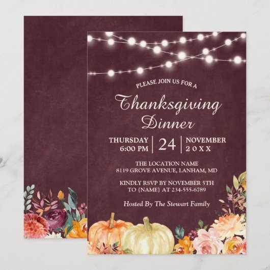 Invitation Chaîne citrouille éclaire Floral Thanksgiving Dîne (Devant / Derrière)