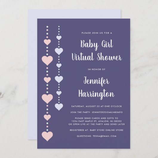Invitation Chaîne Coeurs rose violet virtuel bébé fille douch (Devant / Derrière)