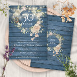 Invitation Chaîne de bois bleu éclaire le 50e anniversaire de<br><div class="desc">Avec de jolies lampes à cordes et une délicate aquarelle fleurie garland sur un arrière - plan de bois rustique bleu, cette invitation botanique 50e anniversaire mariage chic peut être personnalisée avec vos informations spéciales mariage anniversaire. Au verso, une guirlande fleurie assortie encadre vos dates d'anniversaire dans une élégante typographie....</div>