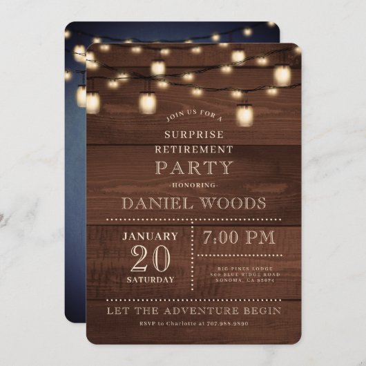 Invitation Chaîne de bois rustique Lumière Parti de retraite  (Devant / Derrière)