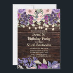 Invitation Chaîne de bois rustique Lumières violet Floral Swe<br><div class="desc">Soirée de 16 ans avec une grange brun foncé rustique arrière - plan et des lumières scintillantes à cordes rose,  lilas et violet aquarelle fleurie</div>