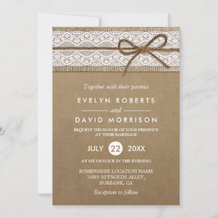 Invitation Chaîne de Burlap rustique liée à un Mariage de Den