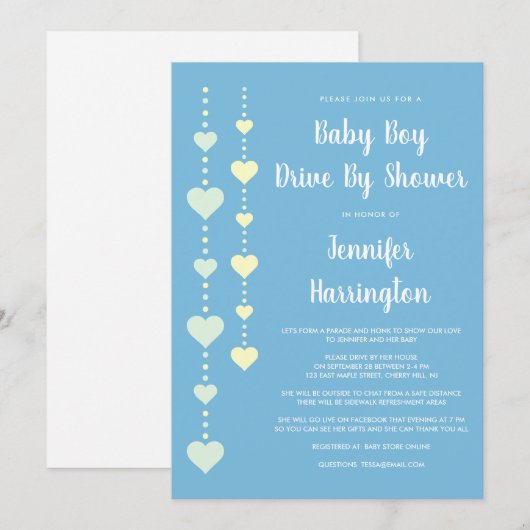 Invitation Chaîne de Coeurs Blue Drive Par Baby Boy Shower (Devant / Derrière)