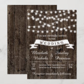 Invitation Chaîne de lumières, bois et bannière mariage rusti (Devant / Derrière)