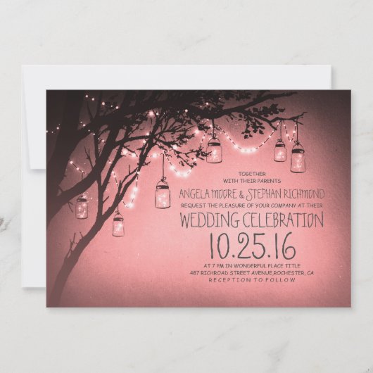 Invitation chaîne de lumières mason jarres mariage rose (Devant)