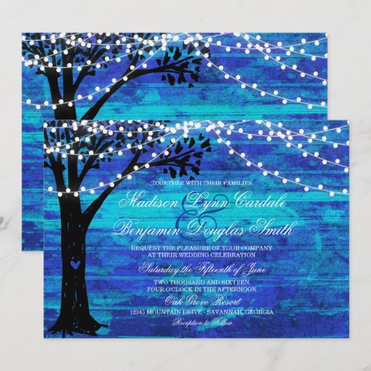 Invitation Chaîne de lumières Oak Tree Blue Wedding Invite (Devant / Derrière)