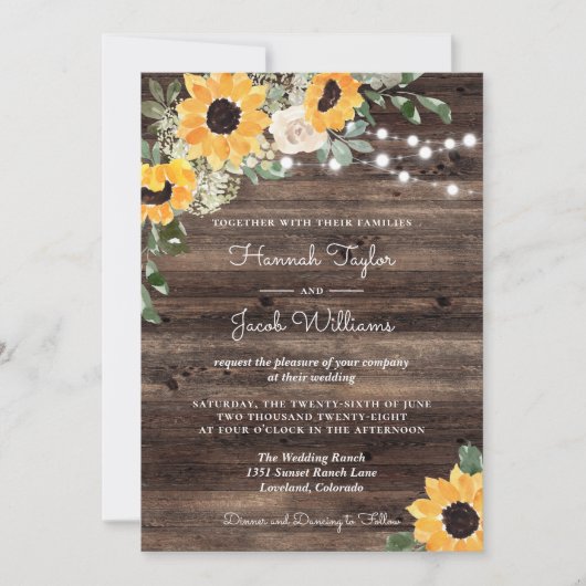 Invitation Chaîne de tournesol rustique Lumières Mariage en b (Devant)