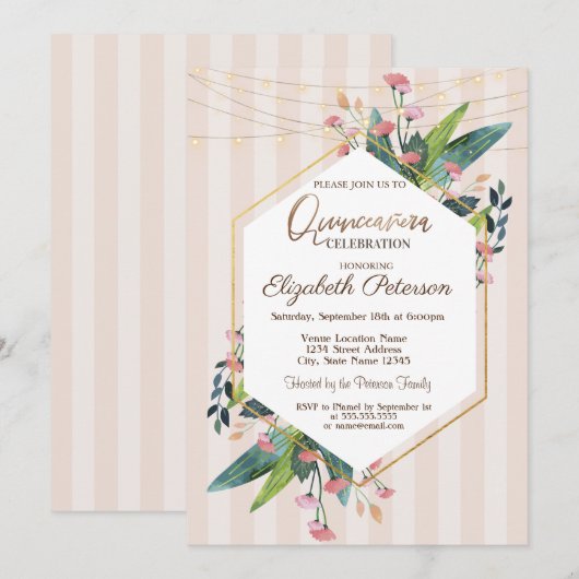 Invitation Chaîne d'éclairage Floral strié Quinceañera (Devant / Derrière)