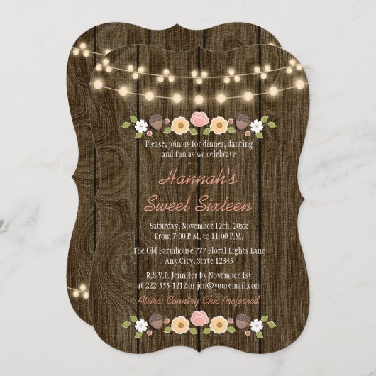 Invitation Chaîne d'éclat rousse Rustique sucré 16 (Devant / Derrière)