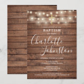 Invitation Chaîne éclaire Bois rustique Baptême Christening (Devant / Derrière)