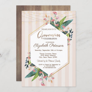 Invitation Chaîne éclaire le bois floral rayures Quinceañera